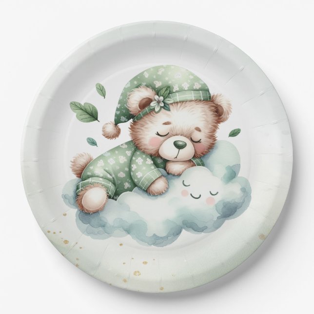 Green Boho Sleeping Teddy Bear Cute Baby Shower Paper Plates (Front)