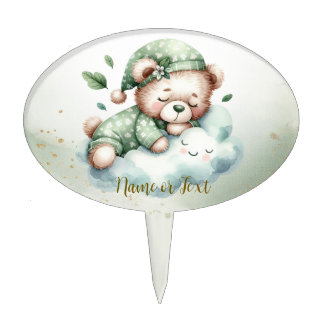 Green Boho Sleeping Teddy Bear Cute Cake Topper