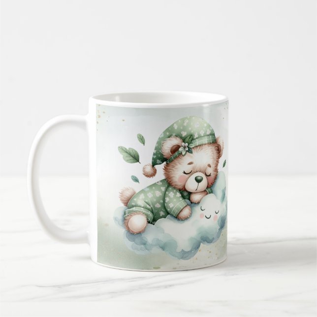 Green Boho Sleeping Teddy Bear Cute Coffee Mug (Left)
