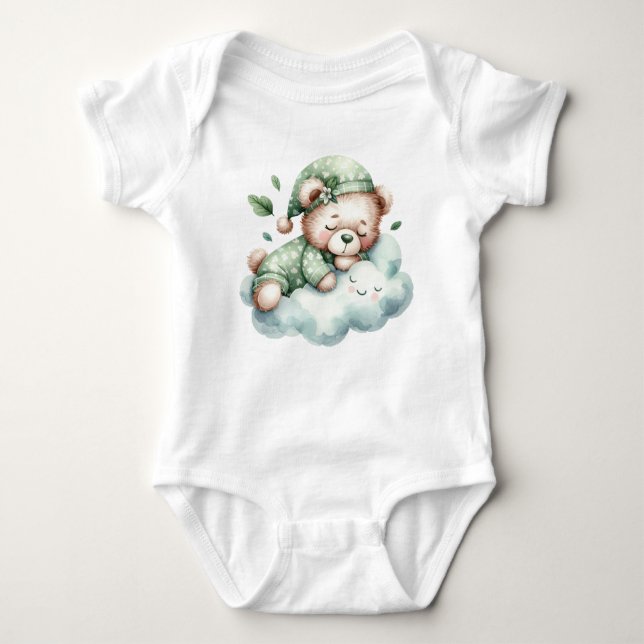 Green Boho Sleeping Teddy Bear Cute Elegant Baby Bodysuit (Front)
