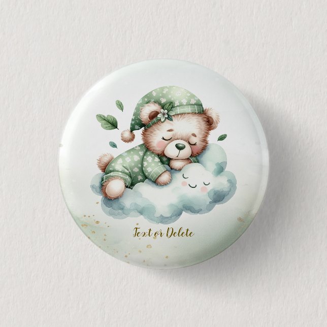 Green Boho Sleeping Teddy Bear Cute Party Button (Front)