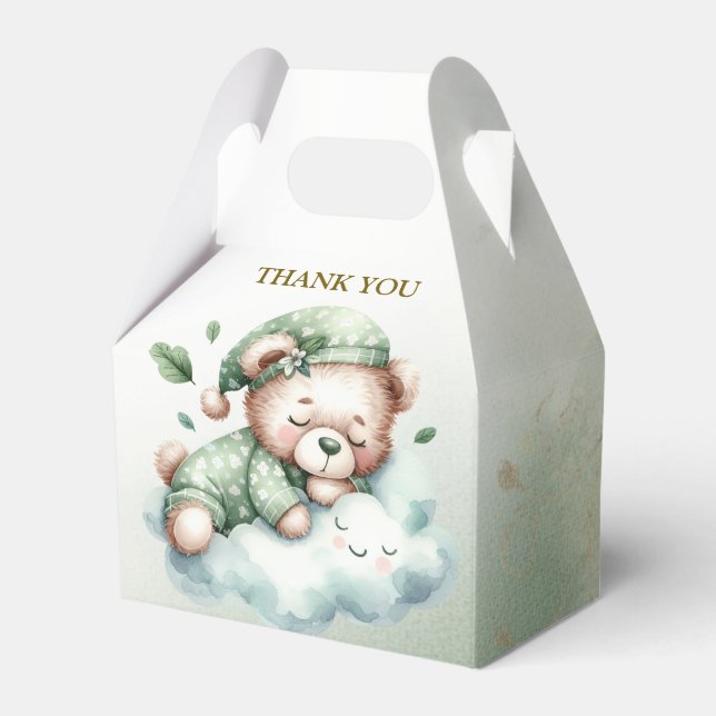 Green Boho Sleeping Teddy Bear Cute Party Favor Boxes (Front Side)