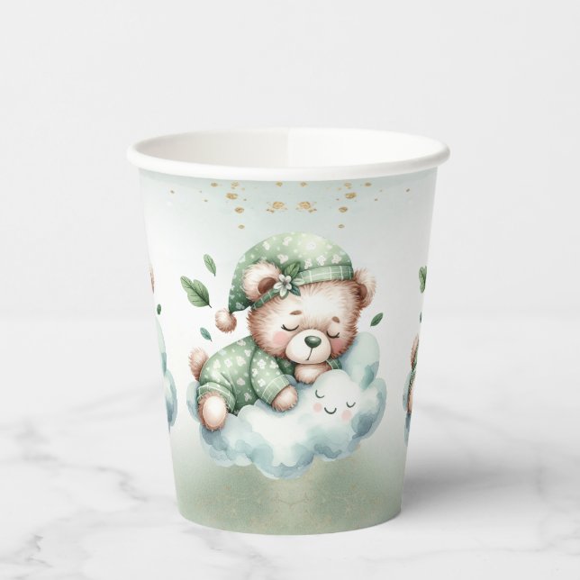 Green Boho Sleeping Teddy Bear Cute Party Paper Cups (Left)