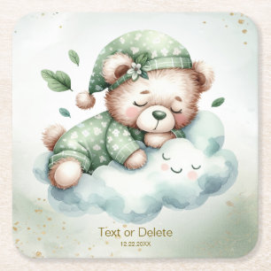 Green Boho Sleeping Teddy Bear Cute Party Square Paper Coaster