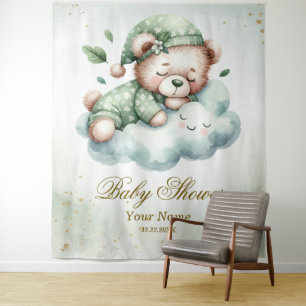 Green Boho Sleeping Teddy Bear Cute Party Tapestry
