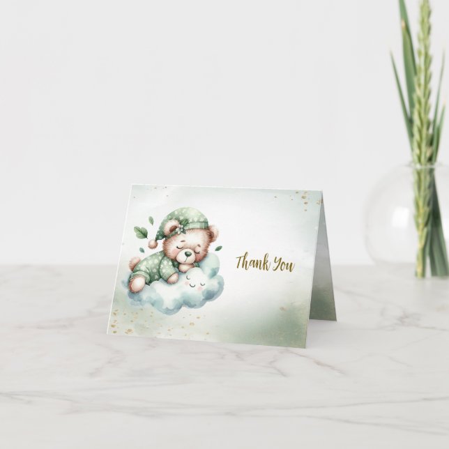 Green Boho Sleeping Teddy Bear Cute Party Thank You Card (Front)