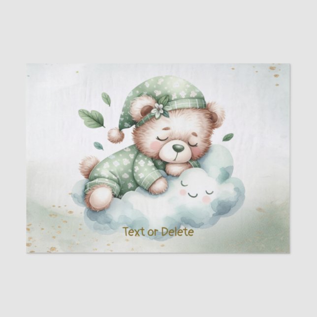 Green Boho Sleeping Teddy Bear Cute Party Tissue Paper (Front)