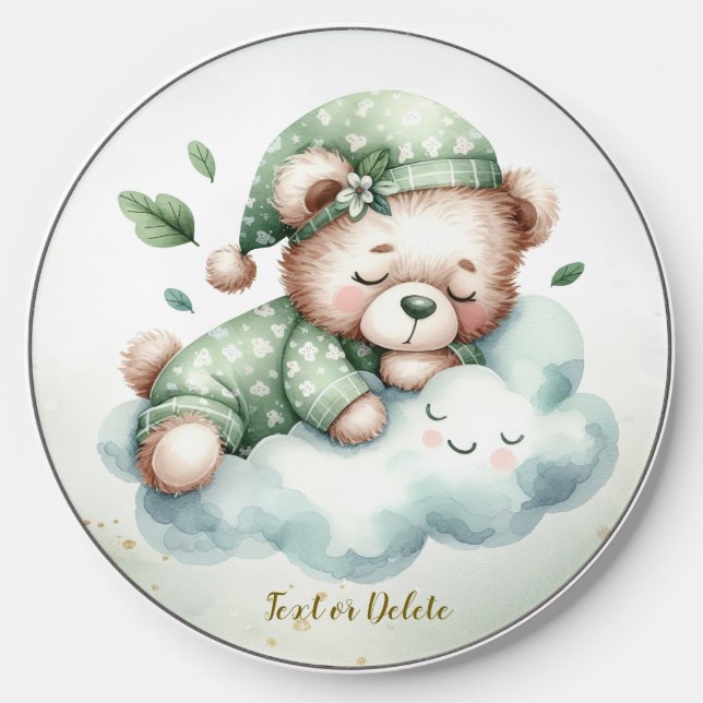 Green Boho Sleeping Teddy Bear Cute Wireless Charger (Front)