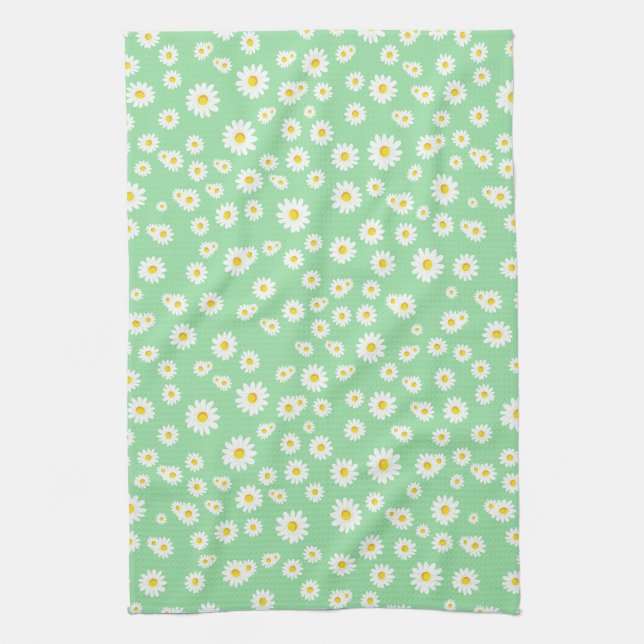 Green Boho Spring Daisies Pattern Kitchen Towel (Vertical)