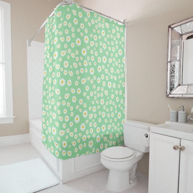 Green Boho Spring Daisies Pattern Shower Curtain (In Situ)