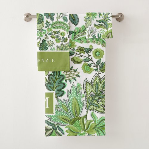 Green Boho Vintage Floral Monogram Bath Towel Set