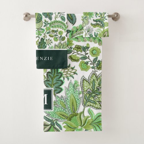 Green Boho Vintage Floral Monogram Bath Towel Set