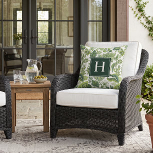 Green Boho Vintage Floral Monogram Outdoor Pillow