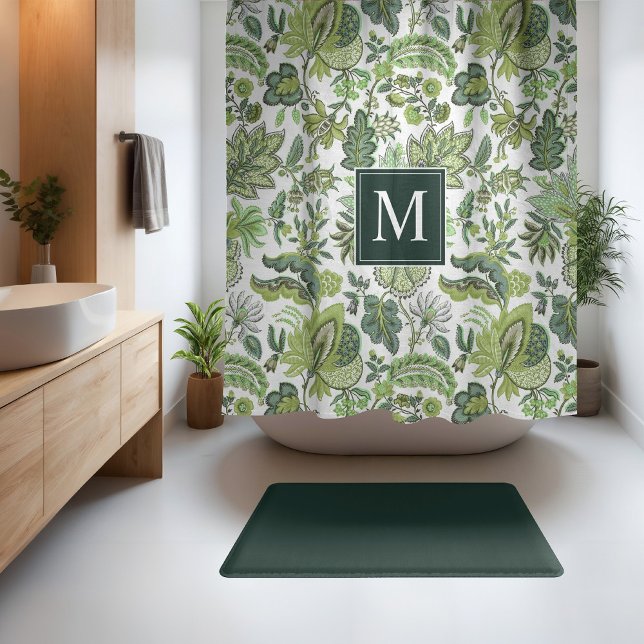 Green Boho Vintage Floral Monogram Shower Curtain (Creator Uploaded)