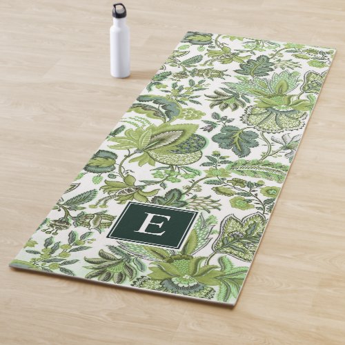 Green Boho Vintage Floral Monogram Yoga Mat