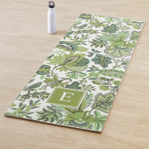 Green Boho Vintage Floral Monogram Yoga Mat