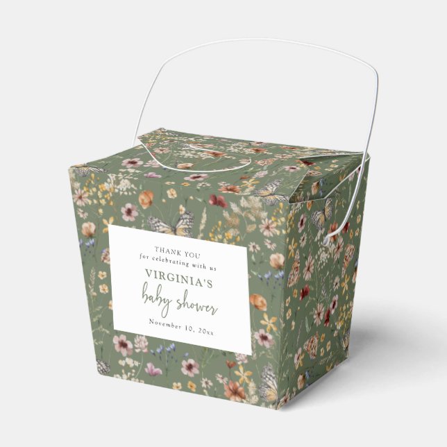 Green Boho Wildflower Baby Shower Favor Boxes (Front Side)