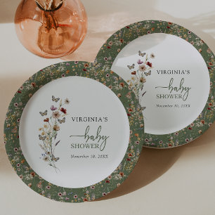 Green Boho Wildflower Baby Shower Paper Plates