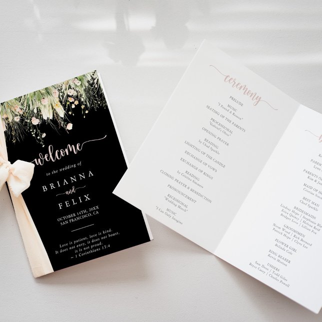 Green Boho Wildflower Black Folded Wedding Program (Creator Uploaded)