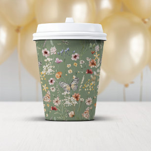 Green Boho Wildflowers Paper Cups