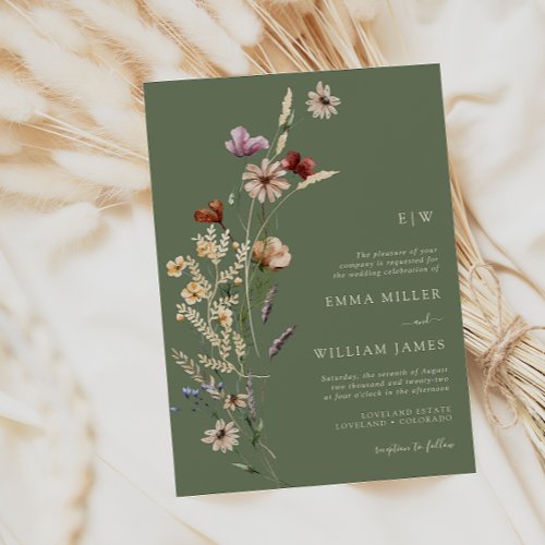 Green Boho Wildflowers Wedding Invitation