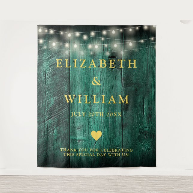 Green Boho Wood String Lights Photo Booth Backdrop (Front)