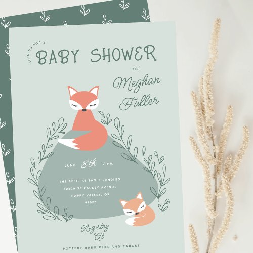 Green Boho Woodland Foxes Baby Shower Invitation