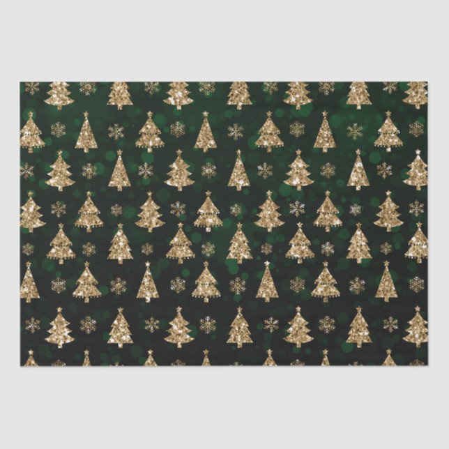 Green Bokeh and Gold Glitter Christmas Trees Tissue Paper (Front)