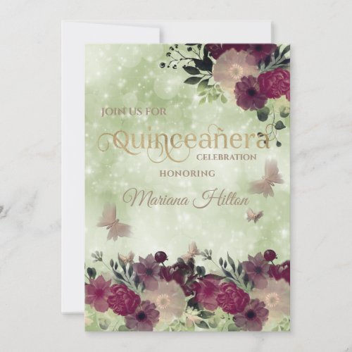 Green bokeh butterfly floral garden Quinceaera  Invitation