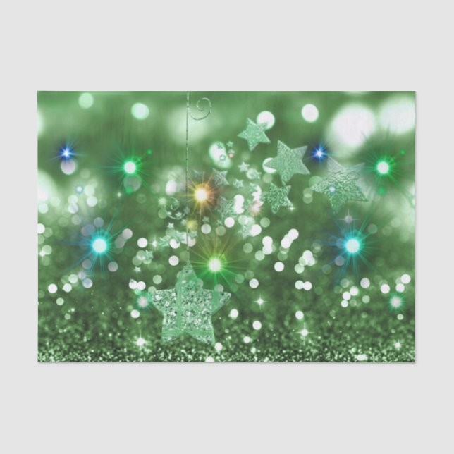 Green Bokeh Faux Glitter & Colorful Shining Stars Tissue Paper (Front)