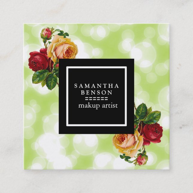 Green  Bokeh Glitter Sparkles Floral Makeup Artist Square Business Card (Front)