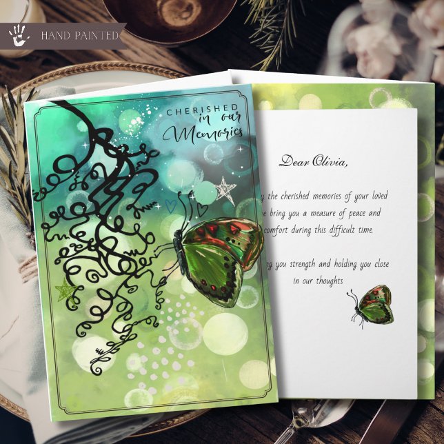 Green Bokeh Light Butterfly Swirl Sympathy Card (Watercolor Red Magnolia & Butterfly Sympathy Card)
