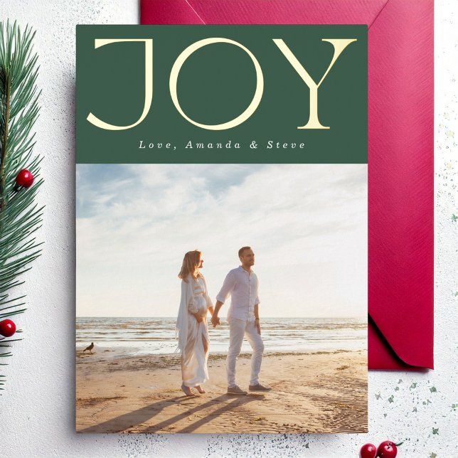 GREEN BOLD GOLD JOY Christmas Photo Foil Holiday Card (Creator Uploaded)
