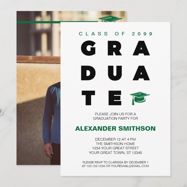 Green Bold GRADUATE Letters and Cap Graduation Invitation (Front/Back)