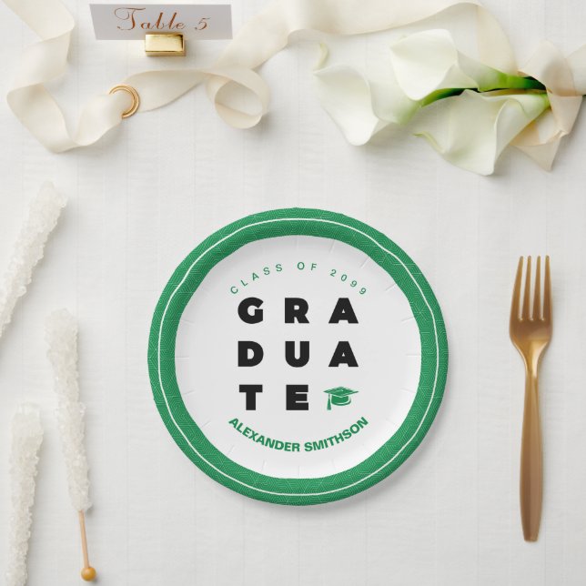 Green Bold GRADUATE Letters and Cap Graduation Paper Plates (Wedding)