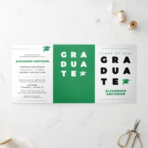 Green Bold GRADUATE Letters and Cap Graduation Tri_Fold Announcement