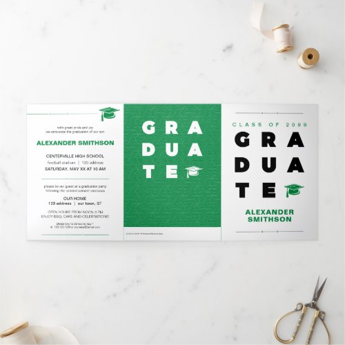 Green Bold GRADUATE Letters and Cap Graduation Tri_Fold Announcement