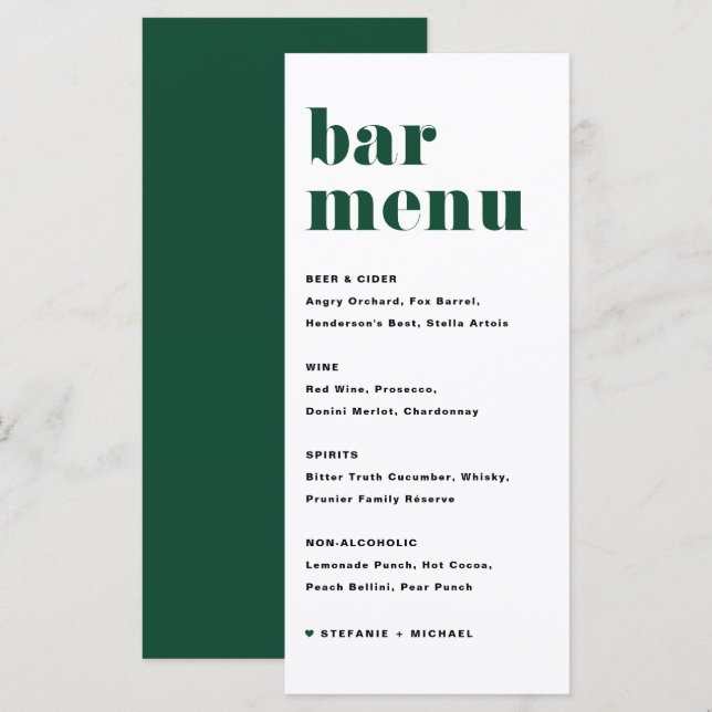 Green Bold Retro Typography Wedding Bar Menu (Front/Back)