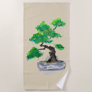 Green Bonsai Watercolor Beige Beach Towel
