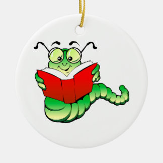 Green Bookworm with Glasses Reading a Red Book Ceramic Ornament