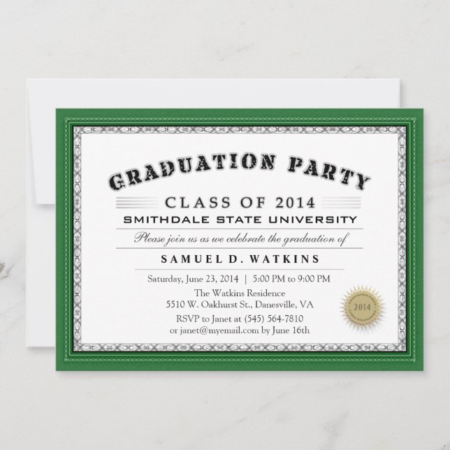 Green Border 2014 Diploma Graduation Party Invite (Front)