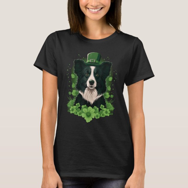 Green Border Collie shamrock St Patricks Day Borde T-Shirt (Front)