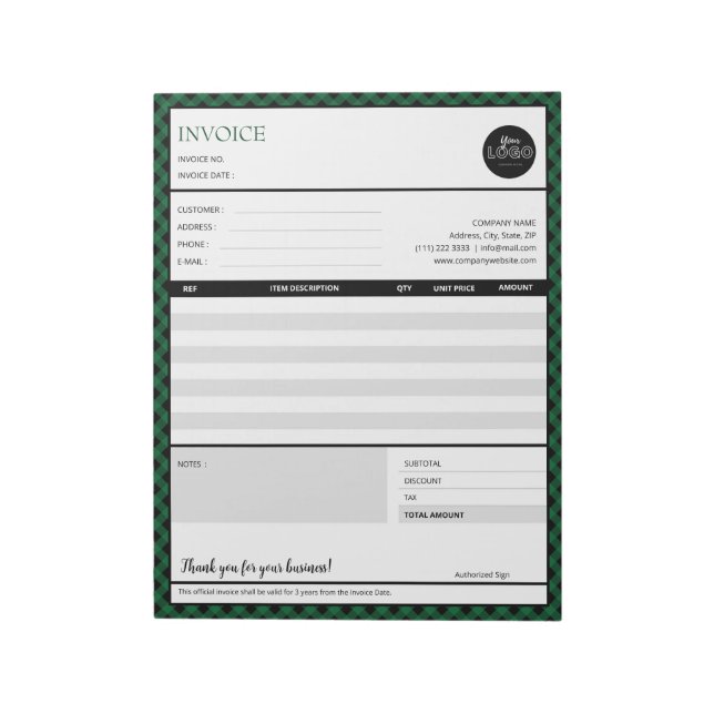 Green Border Minimalist Business Invoice Template Notepad (Rotated)