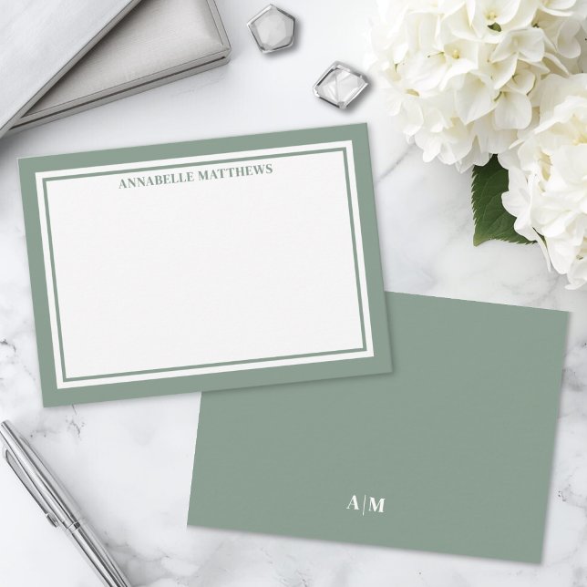 Green Border Minimalist Name Monogram Note Card (Green Border Minimalist Name Monogram Note Card)