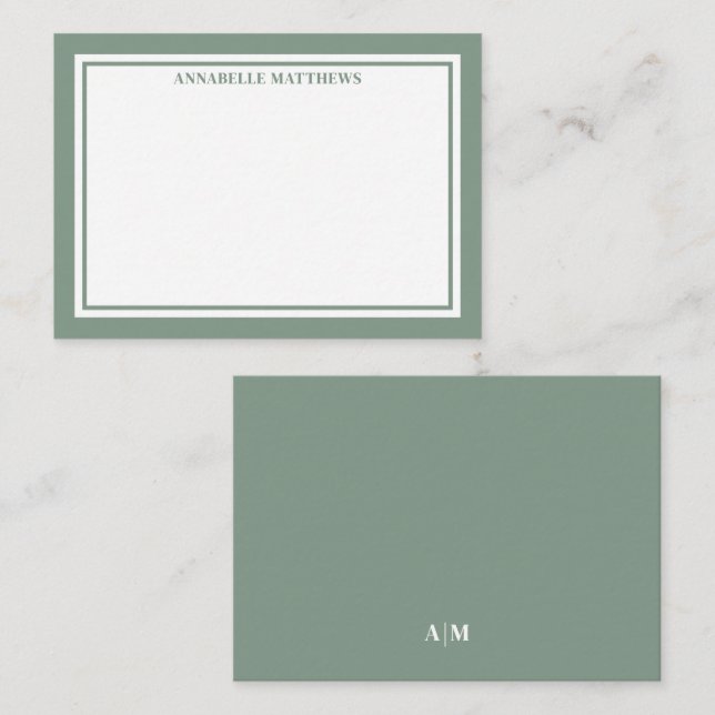 Green Border Minimalist Name Monogram Note Card (Front/Back)