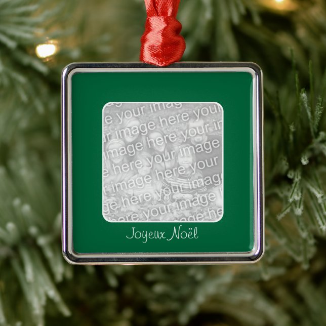 Green Border Personalized Joyeux Noël Metal Ornament (Tree)