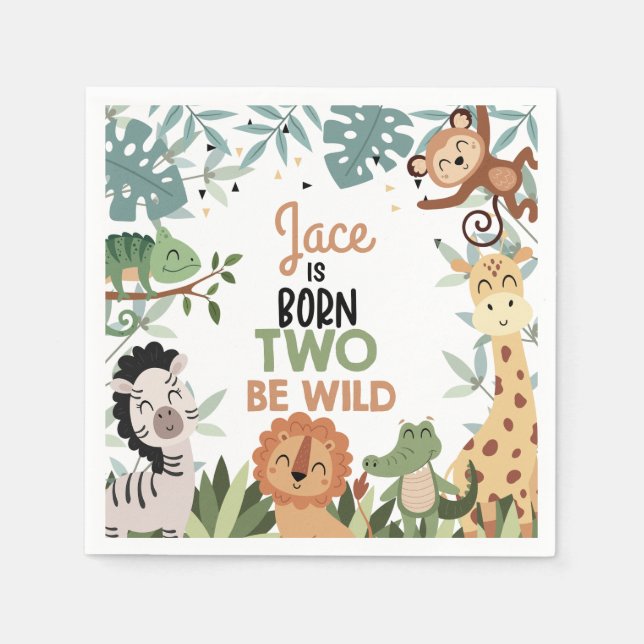 Green Born Two Be Wild 2nd Birthday Paper Napkin (Front)