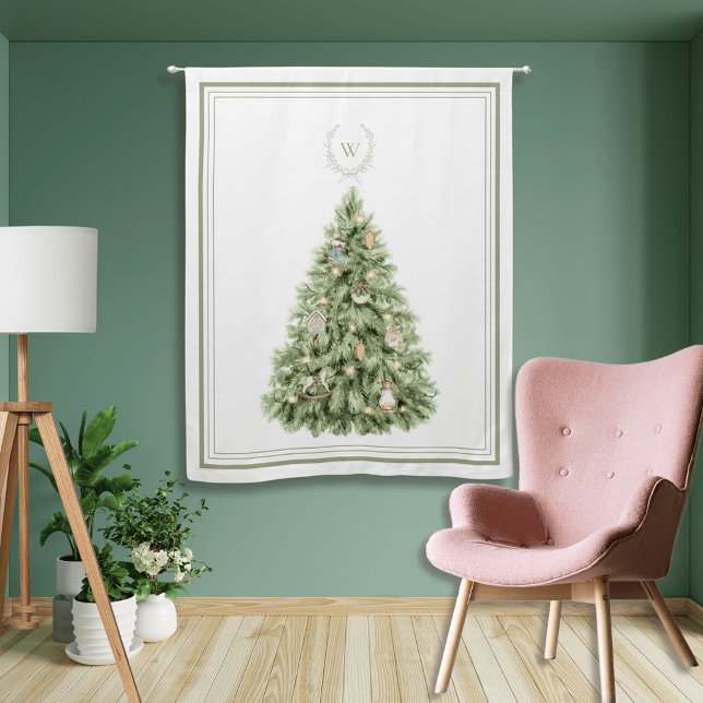 Green Botanical Crest Bow Monogram Christmas Tree Blackout Curtains (Creator Uploaded)