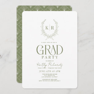 Green Botanical Crest Monogram Graduation Invitation