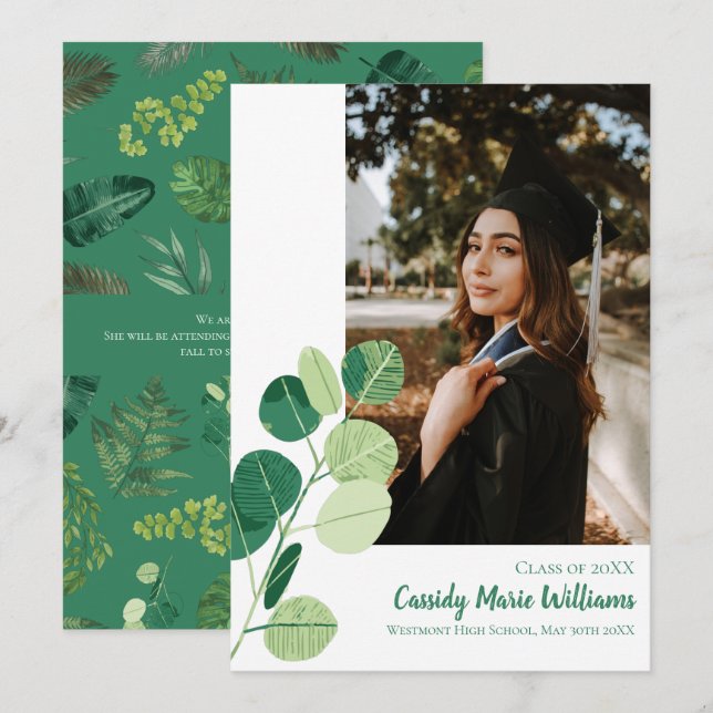 Green Botanical Elegant Graduation Announcement (Front/Back)